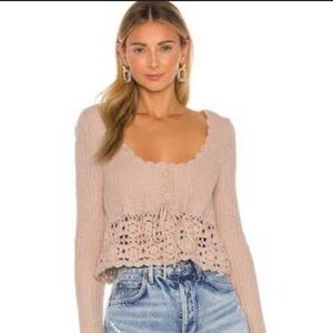 Revolve Tularosa Oatmeal Crochet Knit Square Neck Long Sleeve Beach Sweater Sz S